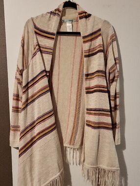 Maurices Cream Open-Front Striped Fringe Cardigan